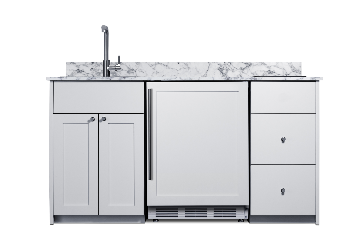 ADA-height Turnkey Caldera Kitchen featuring pre-assembled cabinetry and countertop in white, complete with ENERGY STAR certified refrigerator-freezer, ENERGY STAR certified 115V induction cooktop, storage drawers, and sink with faucet; ships in two boxes on one pallet